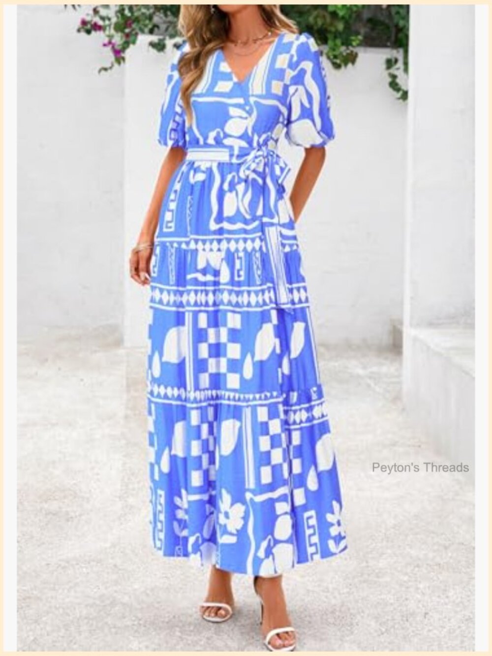 Women's Maxi Dress V Neck Puff Short Sleeve Flowy Beach Bohemian Resort Wear - Picture 5 of 7